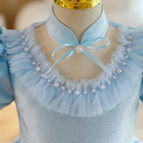 Chic / Beautiful Sky Blue Glitter Short Flower Girl Dresses 2022 A-Line / Princess Scoop Neck Pearl Short Sleeve Birthday Flower Girl Dresses