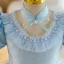 Chic / Beautiful Sky Blue Glitter Short Flower Girl Dresses 2022 A-Line / Princess Scoop Neck Pearl Short Sleeve Birthday Flower Girl Dresses