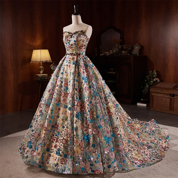 Haut de Gamme Fantaisie Multi-Couleurs Fait main Perlage Perle Faux Diamant Paillettes Robe De Soirée 2023 Princesse Bustier Sans Manches Dos Nu Tribunal Train Soirée Robe De Ceremonie