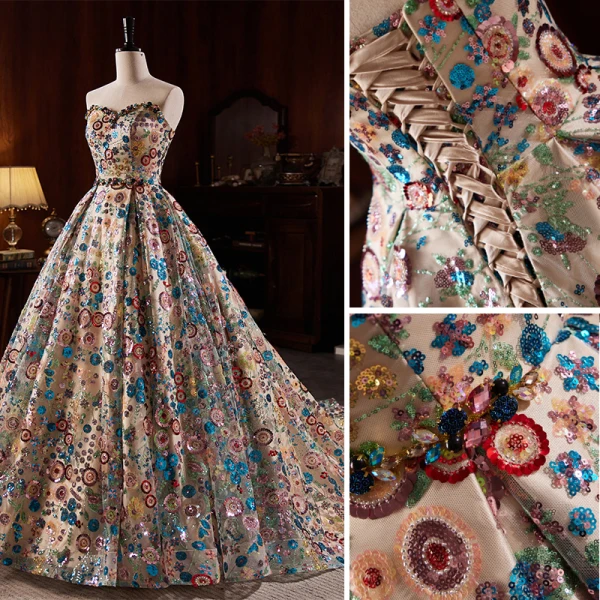 Haut de Gamme Fantaisie Multi-Couleurs Fait main Perlage Perle Faux Diamant Paillettes Robe De Soirée 2023 Princesse Bustier Sans Manches Dos Nu Tribunal Train Soirée Robe De Ceremonie