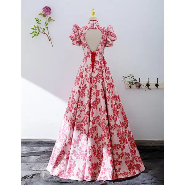Elegant Red Floral Evening Dresses 2022 A-Line / Princess High Neck Puffy Short Sleeve Backless Floor-Length / Long Evening Party Formal Dresses