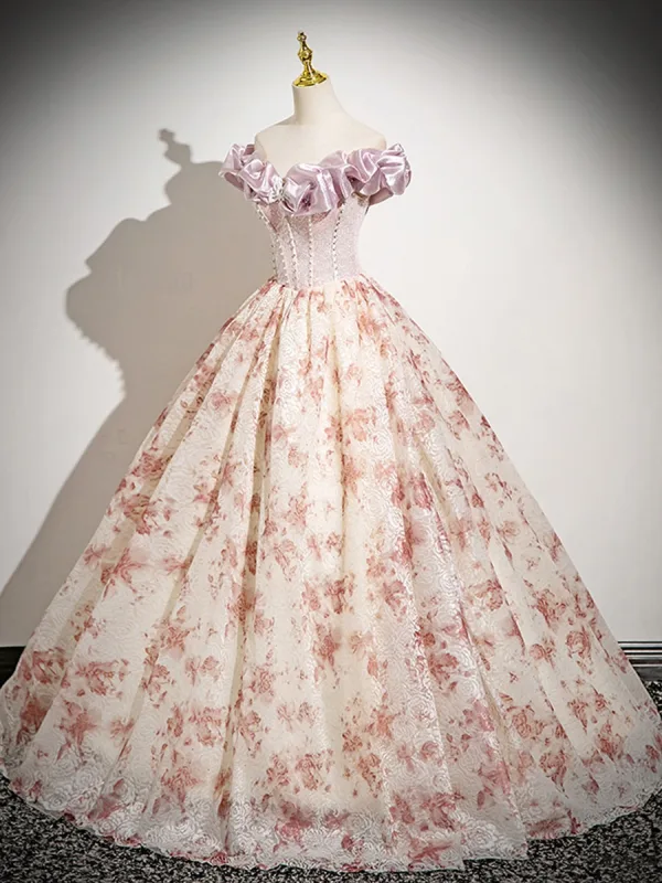 Elegant Blushing Pink Printing Prom Dresses 2025 Ball Gown Ruffle Off-The-Shoulder Sleeveless Backless Floor-Length / Long Prom Formal Dresses