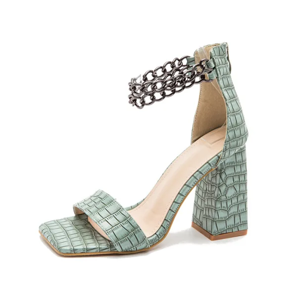 Sexy Braun Abend Sandalen Damen 2022 Metall Knöchelriemen 10 cm Thick Heels Peeptoes Sandaletten Hochhackige