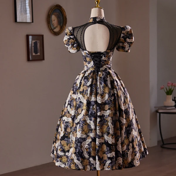 Vintage / Retro Black Beading Printing Homecoming Short Graduation Dresses 2024 High Neck Short Sleeve Backless Formal Dresses