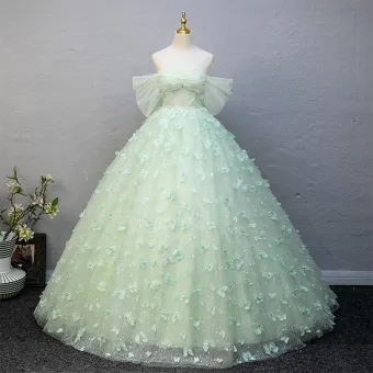 Hada De Las Flores Verde Salvia Rebordear Mariposa Apliques Vestidos De Gala 2025 Ball Gown Fuera Del Hombro Manga Corta Sin Espalda Largos Gala Vestidos Formales Vestidos De Gala