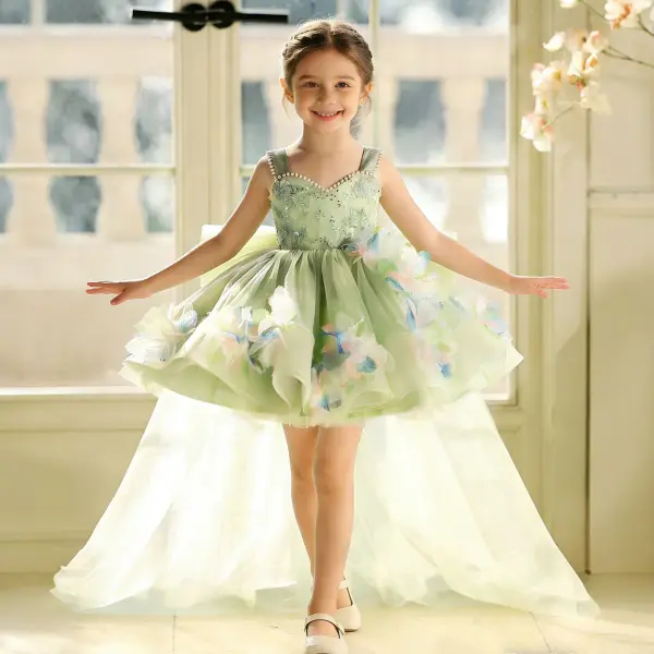 Dreamy Sage Green Beading Pearl Appliques Birthday Short Flower Girl Dresses 2026 Ball Gown Square Neckline Sleeveless Backless Tulle