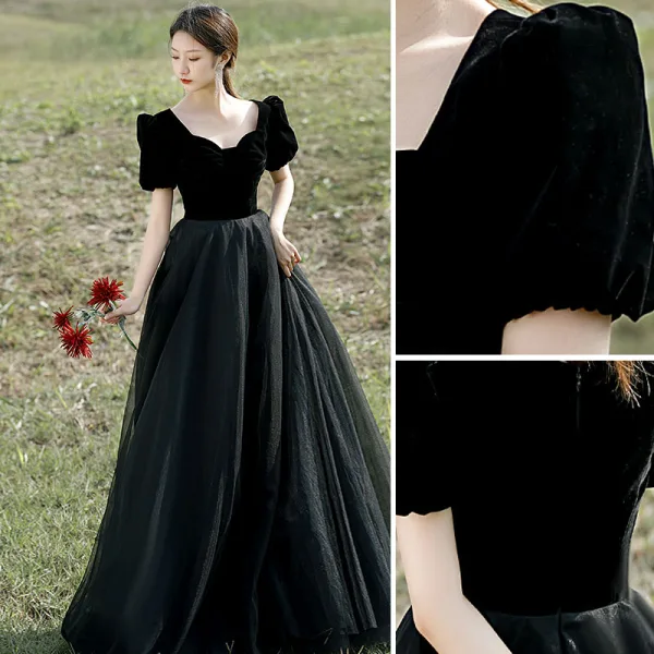 Elegant Black Prom Dresses 2022 A-Line / Princess Square Neckline Short Sleeve Backless Floor-Length / Long Formal Dresses