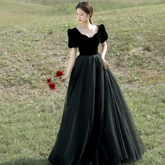 Élégant Noire Robe De Bal 2022 Princesse Encolure Carrée Manches Courtes Dos Nu Longue Robe De Ceremonie