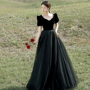 Elegante Schwarz Ballkleider 2022 A Linie Eckiger Ausschnitt Kurze Ärmel Rückenfreies Lange Festliche Kleider