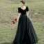 Elegant Black Prom Dresses 2022 A-Line / Princess Square Neckline Short Sleeve Backless Floor-Length / Long Formal Dresses