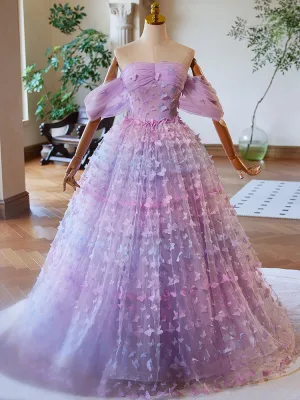Flower Fairy Lavender Butterfly Prom Dresses 2024 Ball Gown Off The Shoulder Sleeveless Backless Floor Length Long Prom Formal Dresses