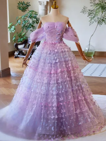 Hada De Las Flores Espliego Mariposa Vestidos De Gala 2024 Ball Gown Fuera Del Hombro Sin Mangas Sin Espalda Largos Gala Vestidos Formales