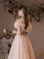 Lovely Blushing Pink Prom Dresses 2022 A-Line / Princess Ruffle Off-The-Shoulder Beading Short Sleeve Backless Floor-Length / Long Prom Formal Dresses