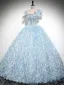 Fashion Sky Blue Bow Tassel Prom Dresses 2024 Ball Gown Square Neckline Short Sleeve Backless Floor-Length / Long Prom Formal Dresses