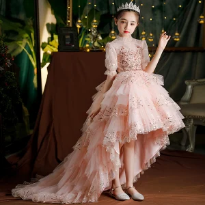 Charmant Rougissant Rose Volants En Cascade Anniversaire Robe Ceremonie Fille 2022 Robe Boule Col Haut Perlage Paillettes Manches Courtes Tribunal Train Robe Ceremonie Fille
