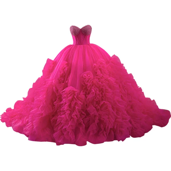 High-end Fuchsia Beading Pearl Sequins Cascading Ruffles Prom Dresses 2023 Ball Gown Strapless Corset Sleeveless Backless Chapel Train Prom Formal Dresses