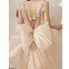 Sexy Champagne Sequins Evening Dresses 2022 Trumpet / Mermaid Satin Spaghetti Straps Sleeveless Backless Bow Court Train Evening Party Formal Dresses