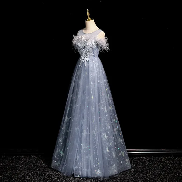 Chic / Beautiful Sky Blue Lace Flower Tassel Prom Dresses 2024 A-Line / Princess Scoop Neck Sleeveless Backless Floor-Length / Long Prom Formal Dresses