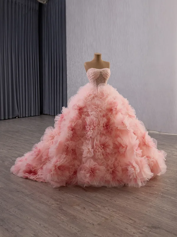 Luxury / Gorgeous Flower Fairy Blushing Pink Handmade  Beading Pearl Sequins Appliques Prom Dresses 2025 Ball Gown Strapless Sleeveless Backless Chapel Train