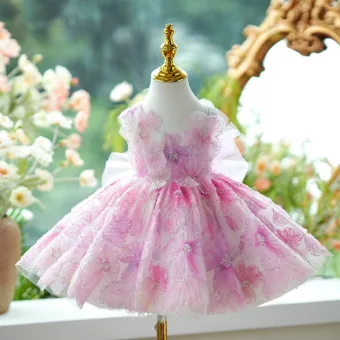 Fée Des Fleurs Rougissant Rose Perlage Perle Appliques Courte Robe Ceremonie Fille 2024 Anniversaire Robe Boule Encolure Dégagée Sans Manches Dos Nu Noeud