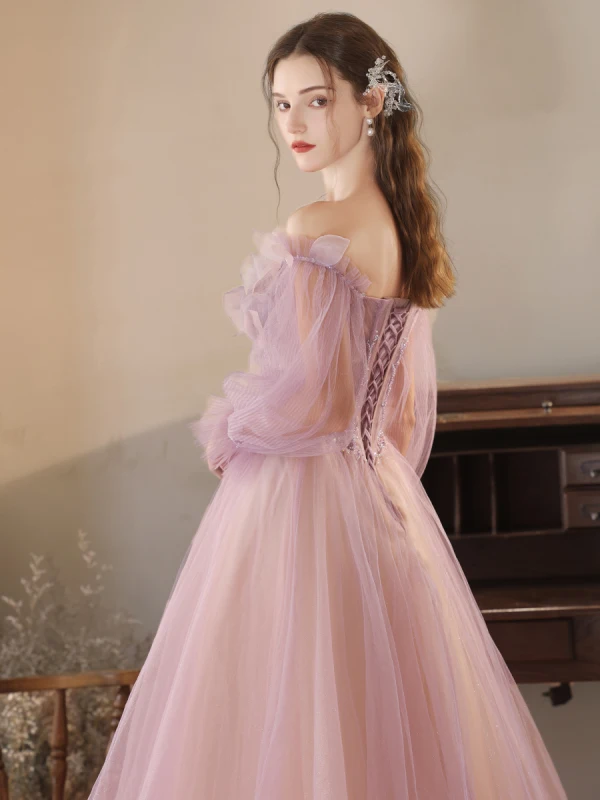 Schöne Lavendel Pailletten Ballkleider 2024 A Linie Off Shoulder Lange Ärmel Rückenfreies Lange Ball Festliche Kleider