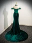 Elegant Dark Green Rhinestone Velvet Prom Dresses 2024 Trumpet / Mermaid Off-The-Shoulder Tassel Sleeveless Backless Sweep Train Prom Formal Dresses