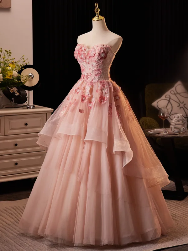 Flower Fairy Blushing Pink Beading Sequins Appliques Prom Dresses 2025 Ball Gown Strapless Sleeveless Backless Floor-Length / Long Formal Dresses
