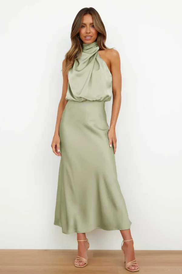 Fashion Beige Street Wear Holiday Women Dresses 2023 High Neck Tea-length Womens Clothing