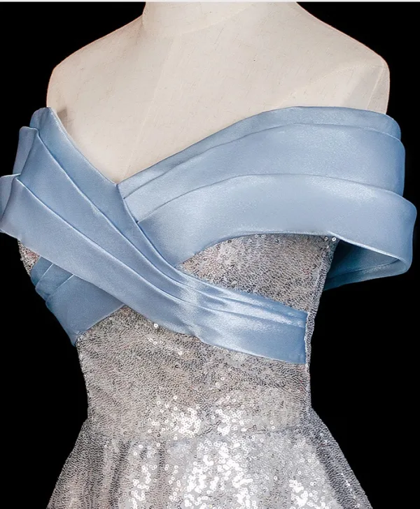 Sparkly Grey Sequins Prom Dresses 2025 A-Line / Princess Off-The-Shoulder Short Sleeve Backless Floor-Length / Long Formal Dresses