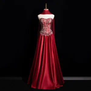 Style Chinois Bordeaux Impression Robe De Bal 2025 Princesse De L Épaule Manches Courtes Dos Nu Longue Promo Robe De Ceremonie