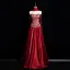 Chinese style Burgundy Printing Prom Dresses 2025 A-Line / Princess Off-The-Shoulder Short Sleeve Backless Floor-Length / Long Prom Formal Dresses