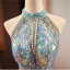 Scintillantes Bleu Ciel Paillettes Robe De Soirée 2023 Trompette / Sirène Titulaire Perlage Sans Manches Dos Nu Noeud Tribunal Train Soirée Robe De Ceremonie