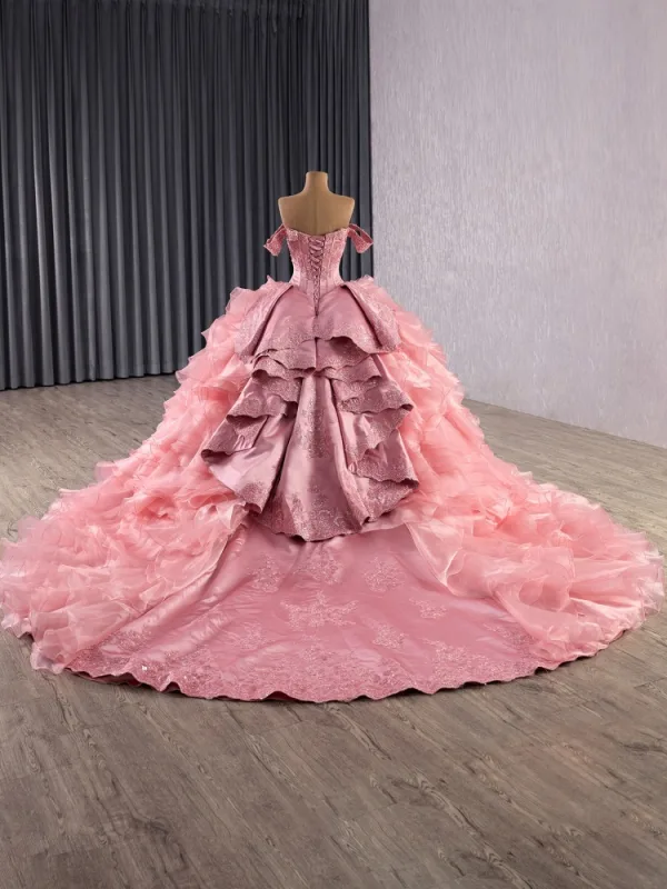 Luxury / Gorgeous Flower Fairy Candy Pink Handmade  Rhinestone Lace Flower Cascading Ruffles Prom Dresses Quinceañera 2025 Ball Gown Off-The-Shoulder Sleeveless Backless