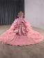 Luxury / Gorgeous Flower Fairy Candy Pink Handmade  Rhinestone Lace Flower Cascading Ruffles Prom Dresses Quinceañera 2025 Ball Gown Off-The-Shoulder Sleeveless Backless