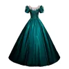 Vintage / Retro Dark Green Beading Lace Flower Prom Dresses 2024 Ball Gown Scoop Neck Puffy Short Sleeve Backless Floor-Length / Long Prom Formal Dresses