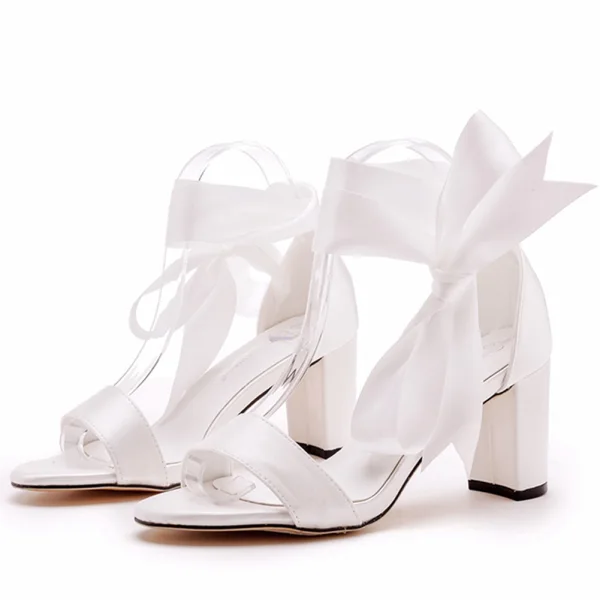 Elegante Ivoor Enkelband Strik Gala Sandalen Dames Hoge Hakken 2023 7 cm Dikke Hak Peep Toe Sandalen
