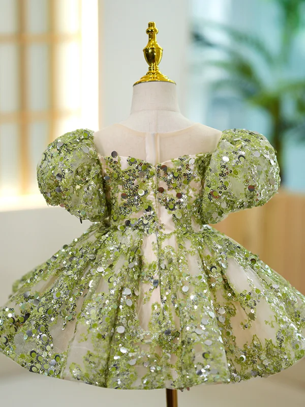 Charming Sage Green Beading Sequins Birthday Short Flower Girl Dresses 2023 Ball Gown Scoop Neck Puffy Short Sleeve