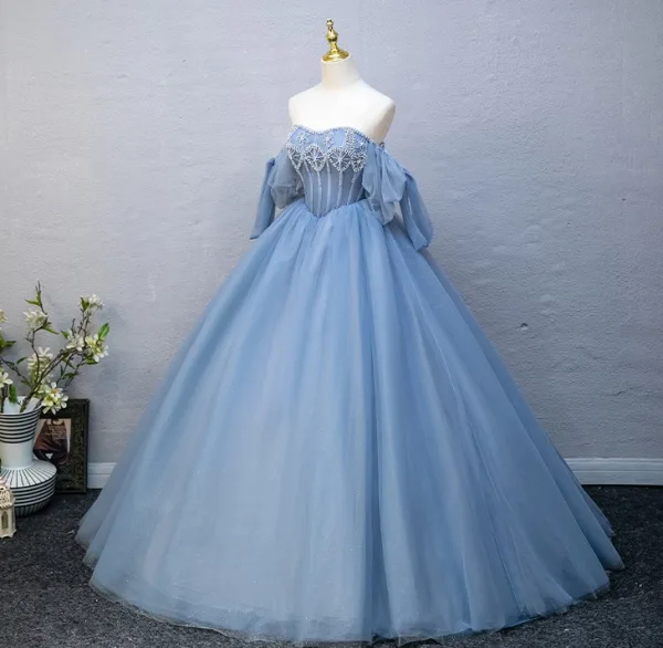 Elegant Beading Sky Blue Rhinestone Prom Dresses Ball Gown 2025 Backless Off-The-Shoulder Short Sleeve Floor-Length / Long Prom Formal Dresses
