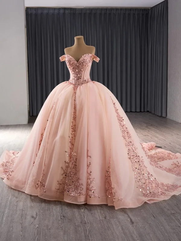 Luxury / Gorgeous Blushing Pink Beading Sequins Cascading Ruffles Prom Dresses Ball Gown 2024 Off-The-Shoulder Sleeveless Backless Chapel Train Prom Formal Dresses