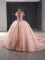 Luxury / Gorgeous Blushing Pink Beading Sequins Cascading Ruffles Prom Dresses Ball Gown 2024 Off-The-Shoulder Sleeveless Backless Chapel Train Prom Formal Dresses