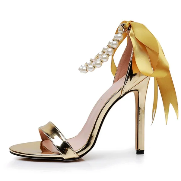 Sexy Gold Pearl Ankle Strap Bow Evening Party Womens Sandals 2024 11 cm Stiletto Heels Open / Peep Toe Sandals High Heels