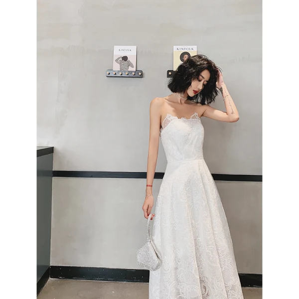 Charming Ivory Lace Flower Evening Dresses 2022 A-Line / Princess Strapless Sleeveless Backless Evening Party Floor-Length / Long Formal Dresses