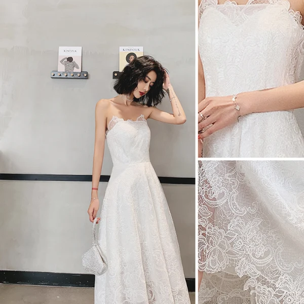 Charming Ivory Lace Flower Evening Dresses 2022 A-Line / Princess Strapless Sleeveless Backless Evening Party Floor-Length / Long Formal Dresses