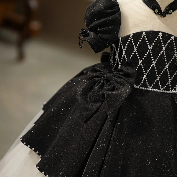 Chic / Beautiful Black Glitter Birthday Flower Girl Dresses 2025 Ball Gown High Neck Puffy Short Sleeve Backless Bow Floor-Length / Long