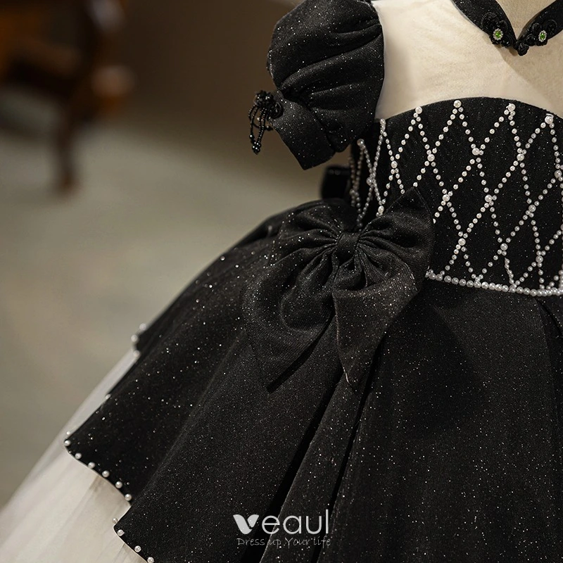 Chic / Beautiful Black Glitter Birthday Flower Girl Dresses 2025 Ball Gown  High Neck Puffy Short Sleeve Backless Bow Floor-Length / Long