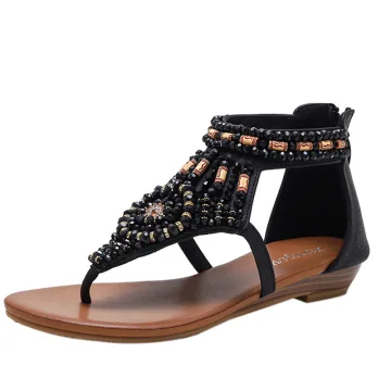 Romeins Zwarte Zomer Strand Rhinestone Sandalen Dames 2022 Enkelband Platte Peep Toe Sandalen