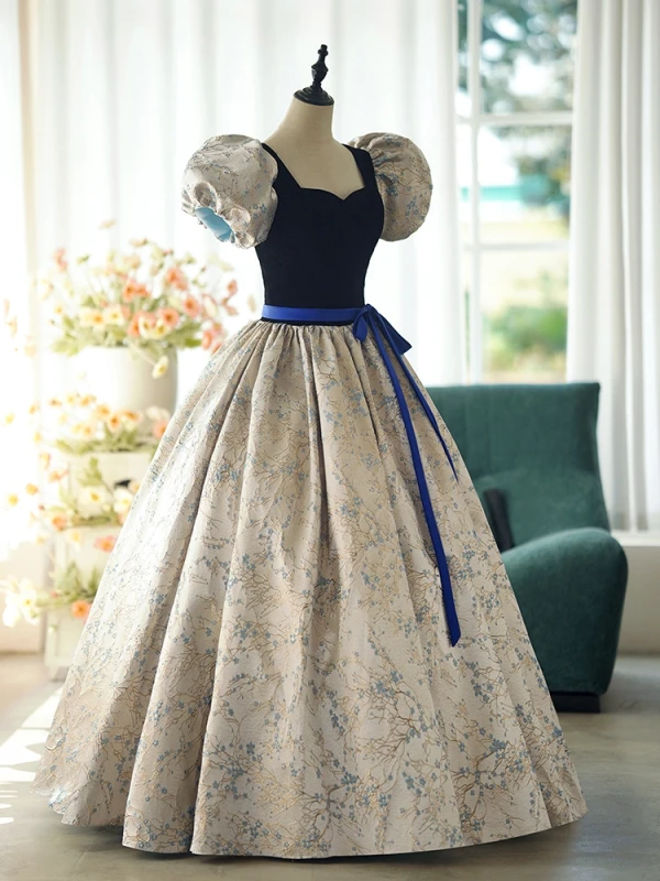 Vintage / Retro Navy Blue Printing Prom Dresses 2024 Ball Gown Square Neckline Puffy Short Sleeve Bow Sash Backless Floor-Length / Long Prom Formal Dresses