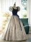 Vintage / Retro Navy Blue Printing Prom Dresses 2024 Ball Gown Square Neckline Puffy Short Sleeve Bow Sash Backless Floor-Length / Long Prom Formal Dresses