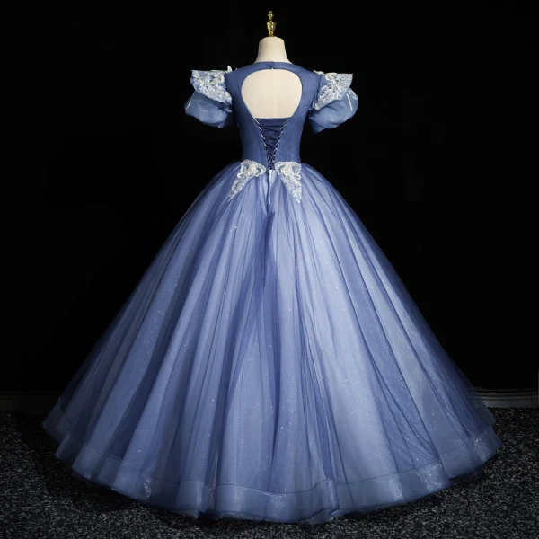 Elegant Sky Blue Beading Lace Flower Prom Dresses 2023 Ball Gown Scoop Neck Puffy Short Sleeve Backless Floor-Length / Long Prom Formal Dresses