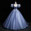 Elegant Sky Blue Beading Lace Flower Prom Dresses 2023 Ball Gown Scoop Neck Puffy Short Sleeve Backless Floor-Length / Long Prom Formal Dresses